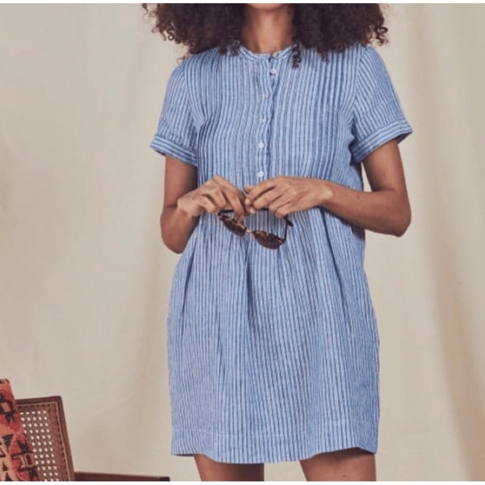 Faherty Gemina Blue White Striped Linen Blend Short Sleeve Mini Dress,  XS